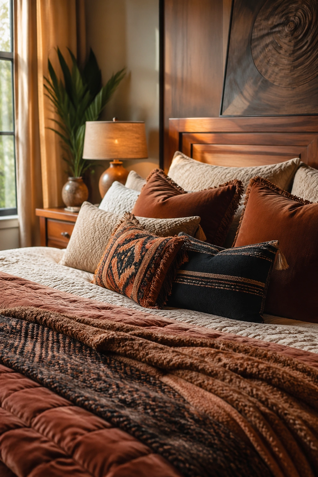 Close-up of a cozy bedroom with layered textiles and warm lighting