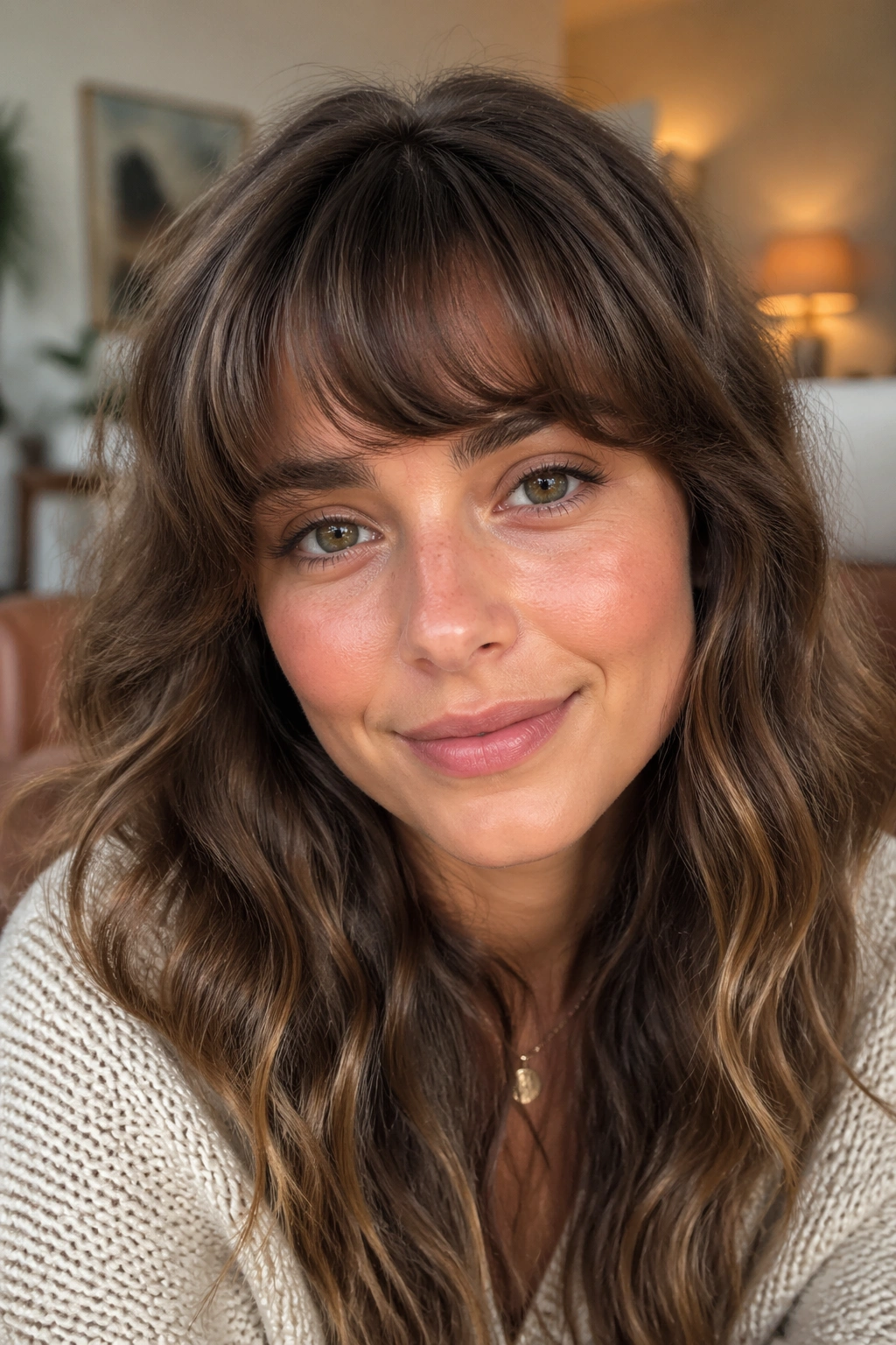 Close-up of a real woman with crescent bangs curved across the forehead