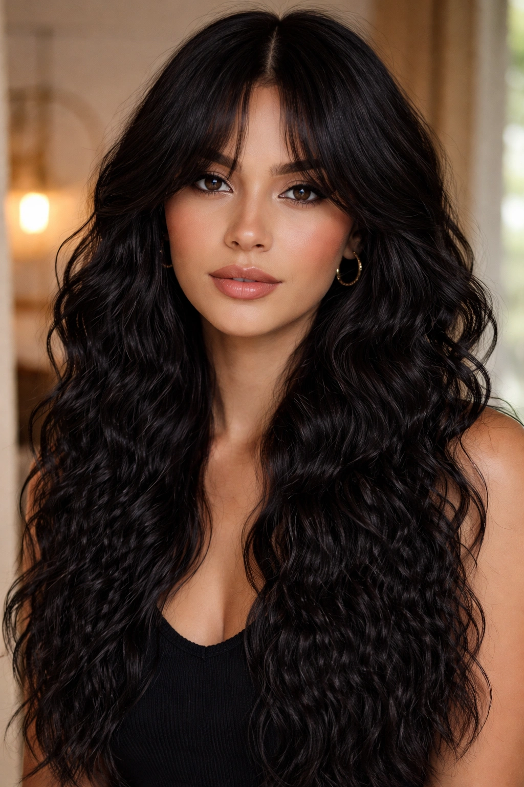 Portrait of woman with crimp-textured waves and soft split bangs in warm indoor light