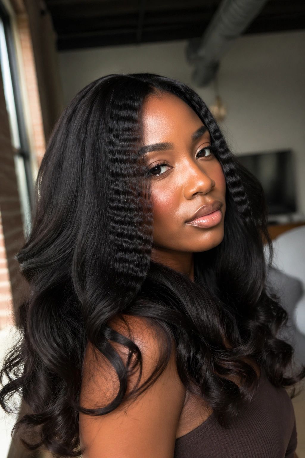 Woman with body curls and crimped accent in silk press