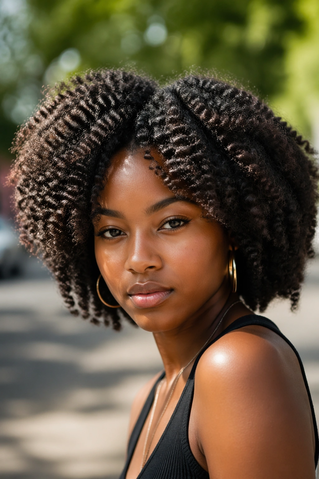 Portrait of a person with a crimped afro texture catching light.