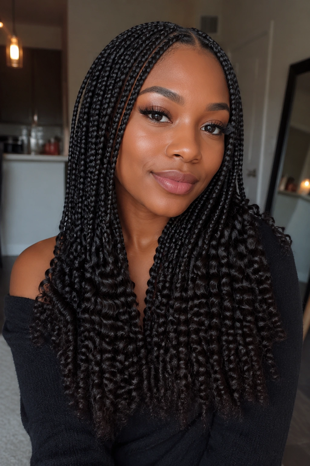 Close-up of a real person with crimped box braids and curly ends