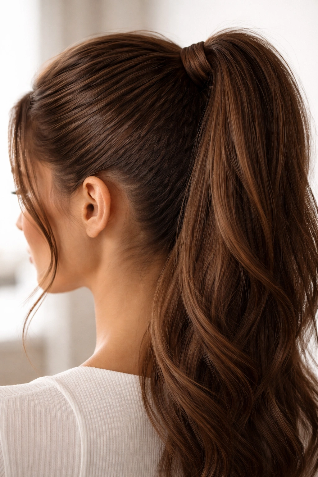 Brown high ponytail with crimped crown texture at the roots