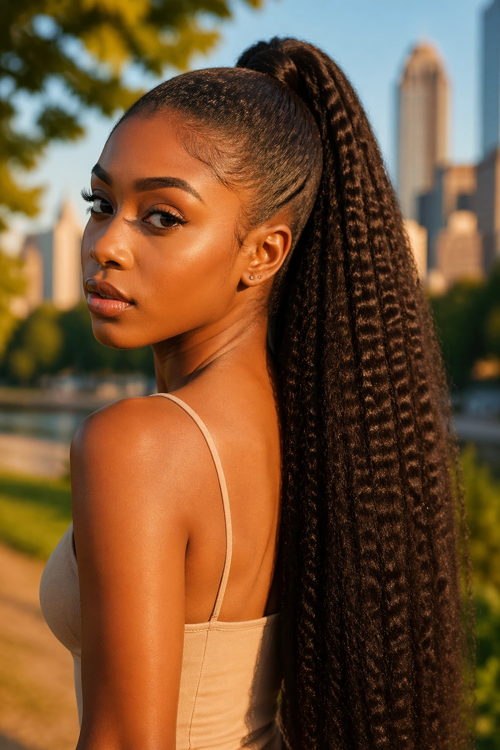 Real woman wearing crimped drawstring ponytail with even crimps