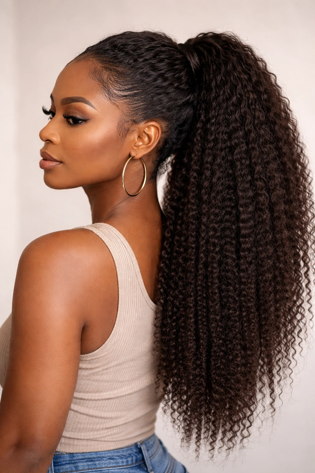 Voluminous crimped ponytail extension with heavy texture