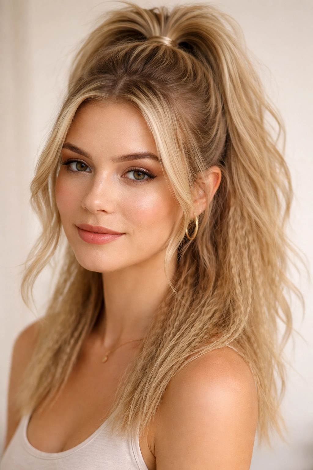 Crimped hair half up ponytail showing textured lower layers