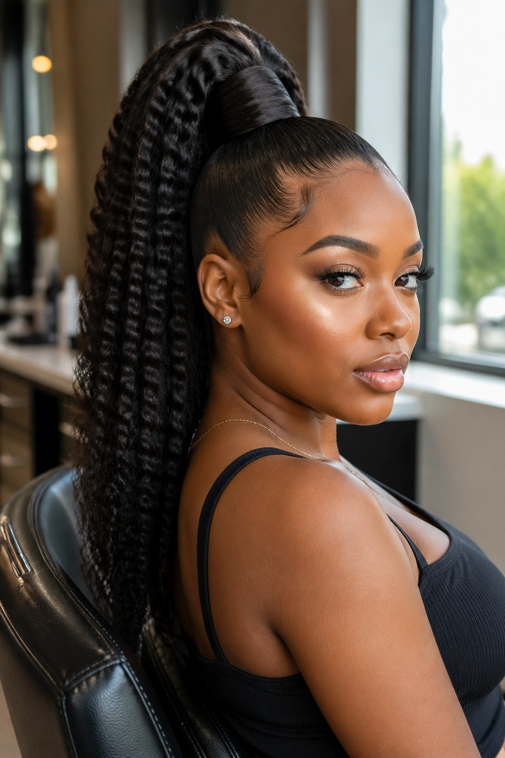 Close-up of a real woman with a crimped high ponytail and crown lift.