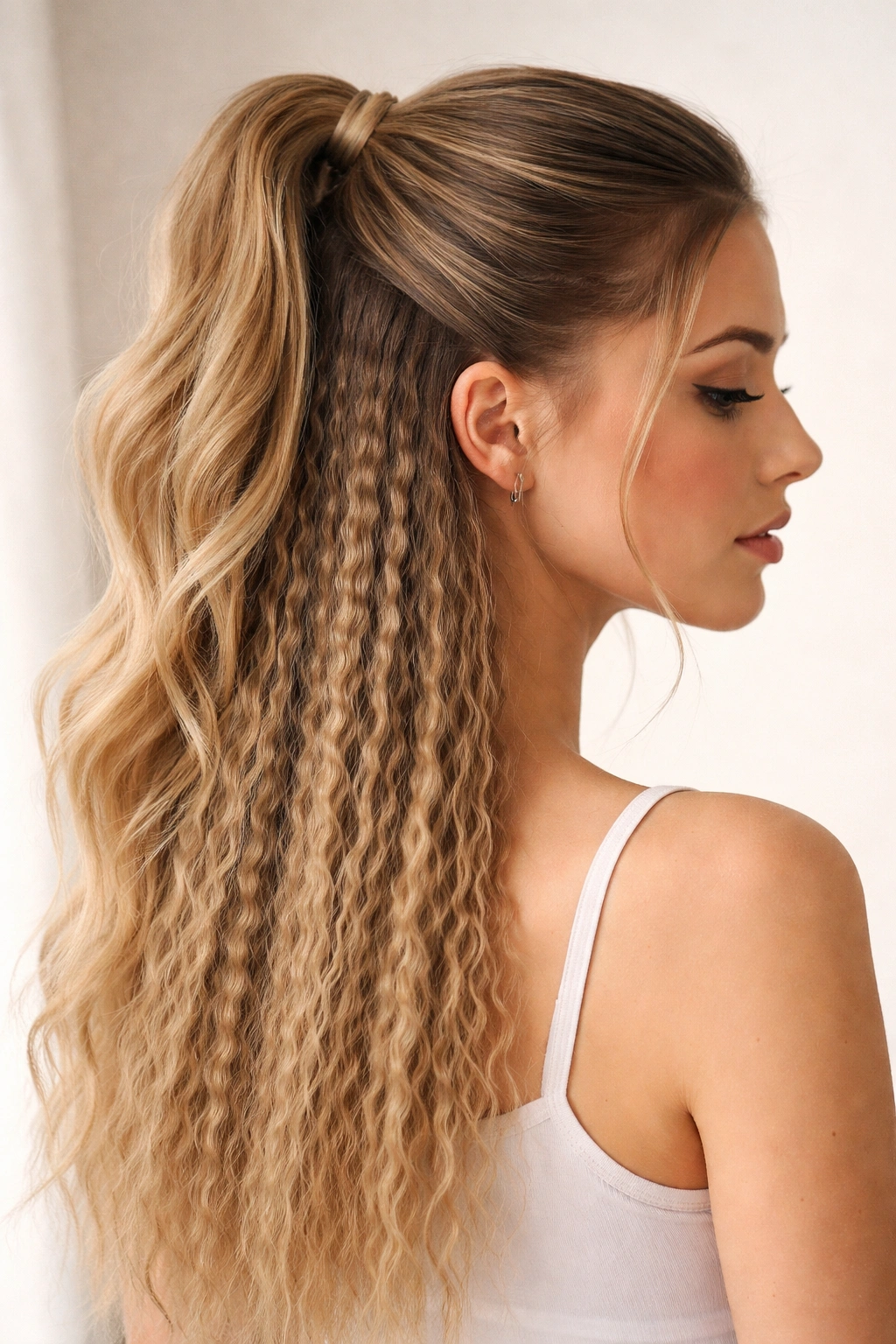 Close-up showing sleek top and crimped lower length in a half pony