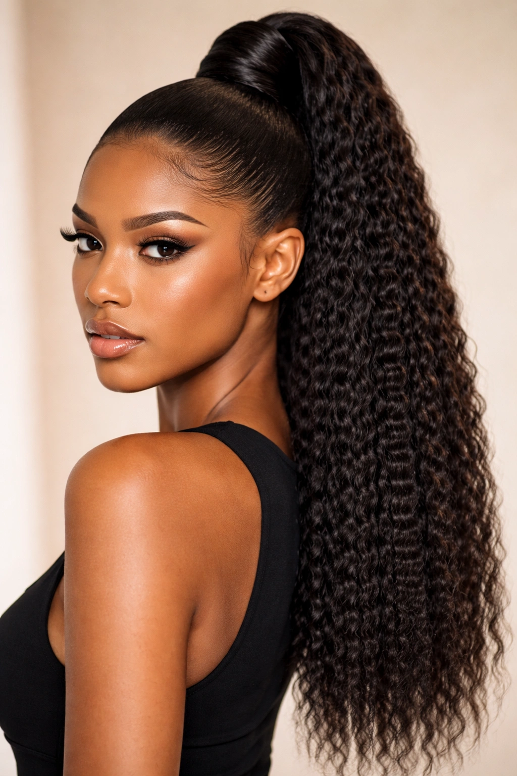 Crimped high pony with sleek front and textured length