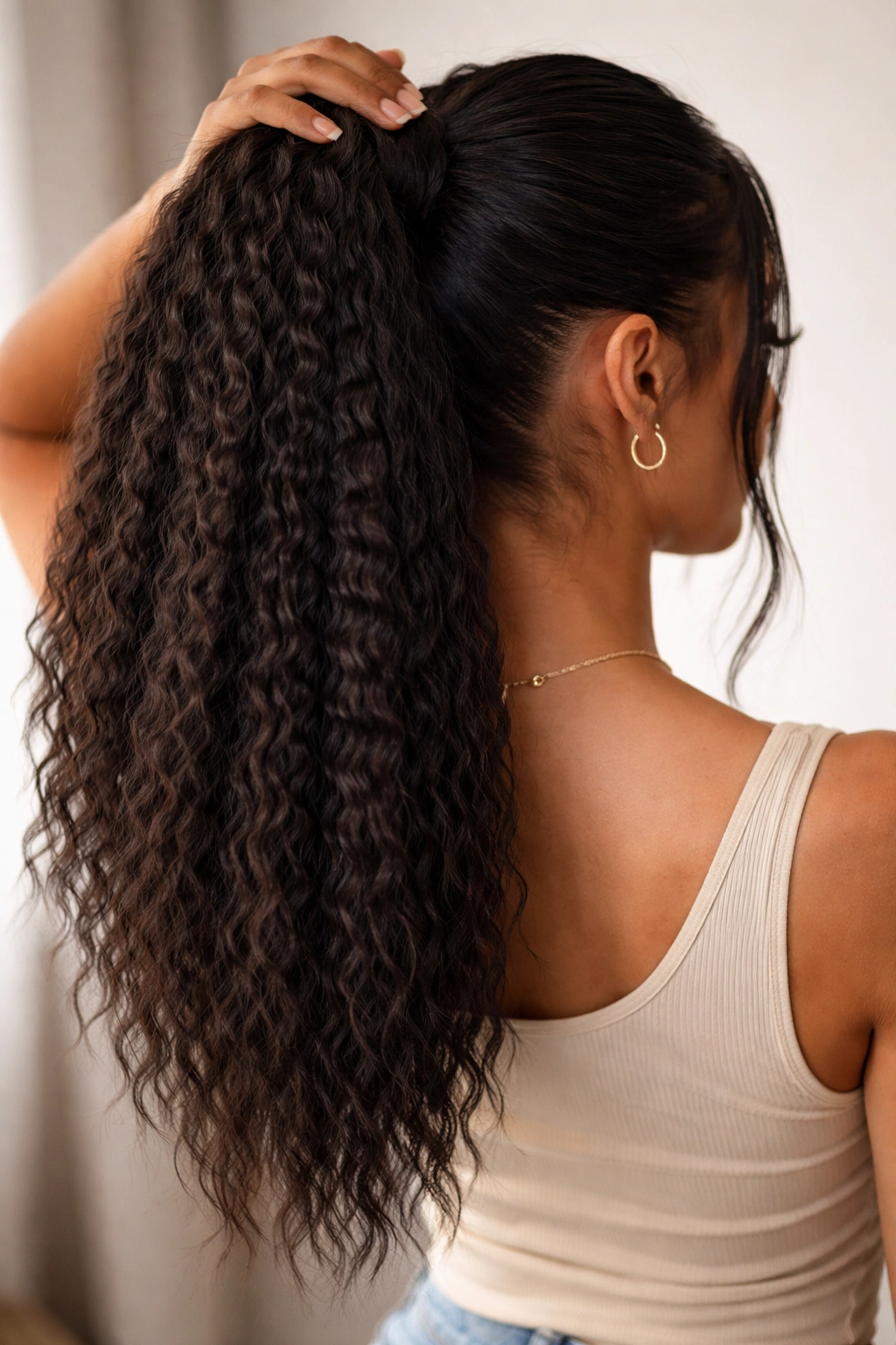 Ponytail with crimped texture and defined ridges