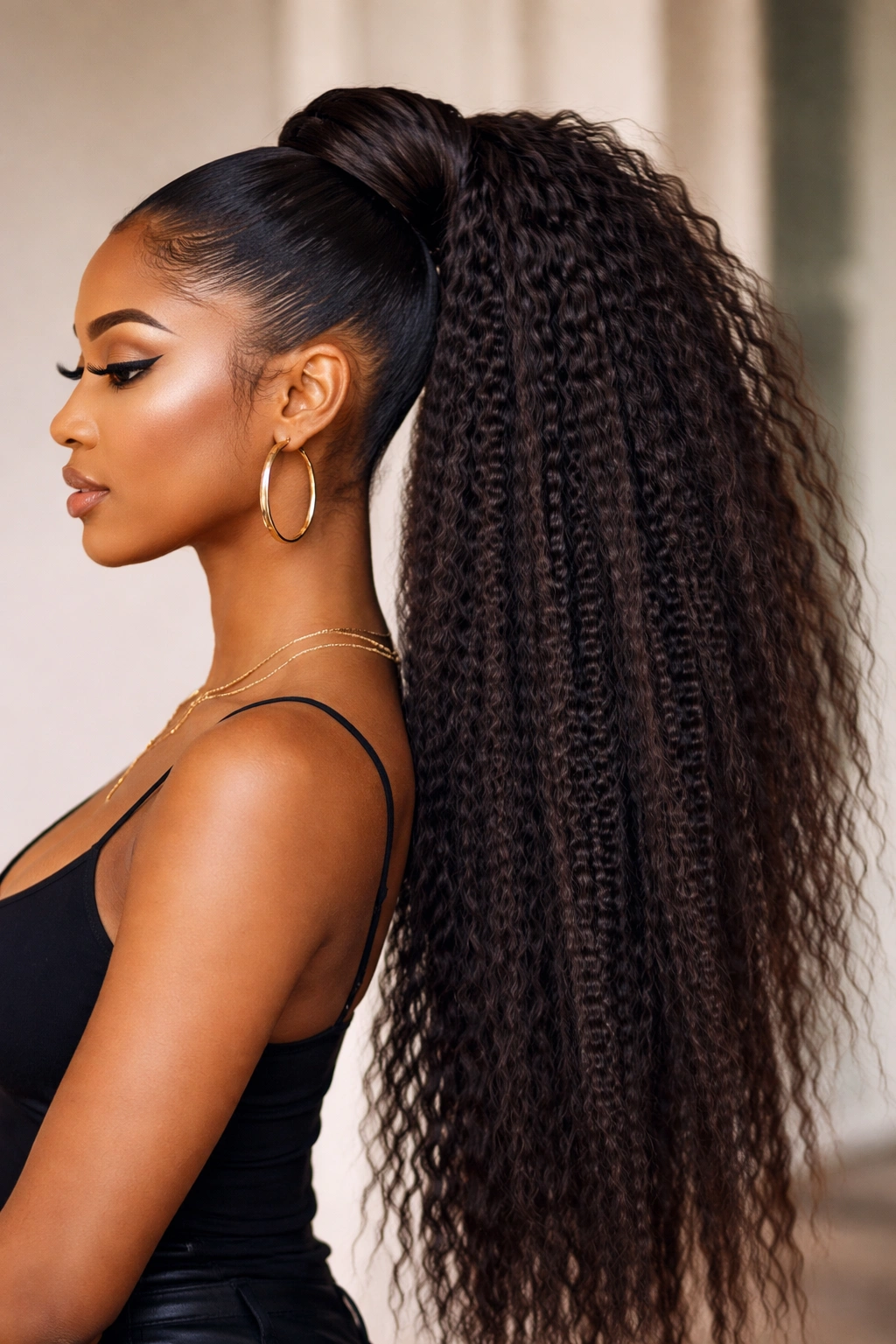 Long crimped ponytail with extra-long weave showing dramatic volume
