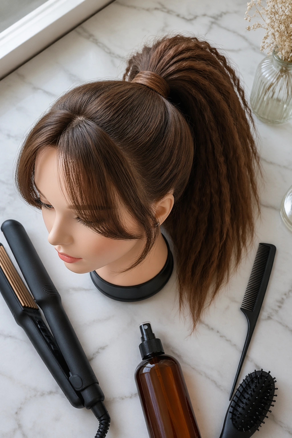 Overhead flat-lay of crimped ponytail tools