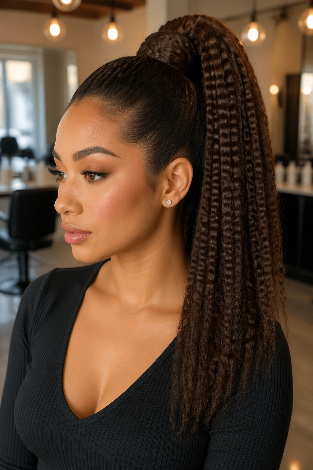 Close-up of a real woman's crimped high ponytail extension showing fullness
