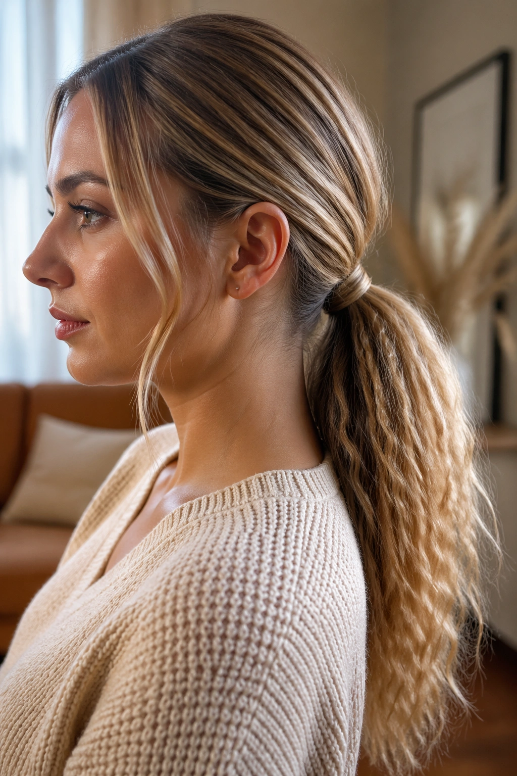 Close-up of a real woman with a crimped low ponytail for fine hair