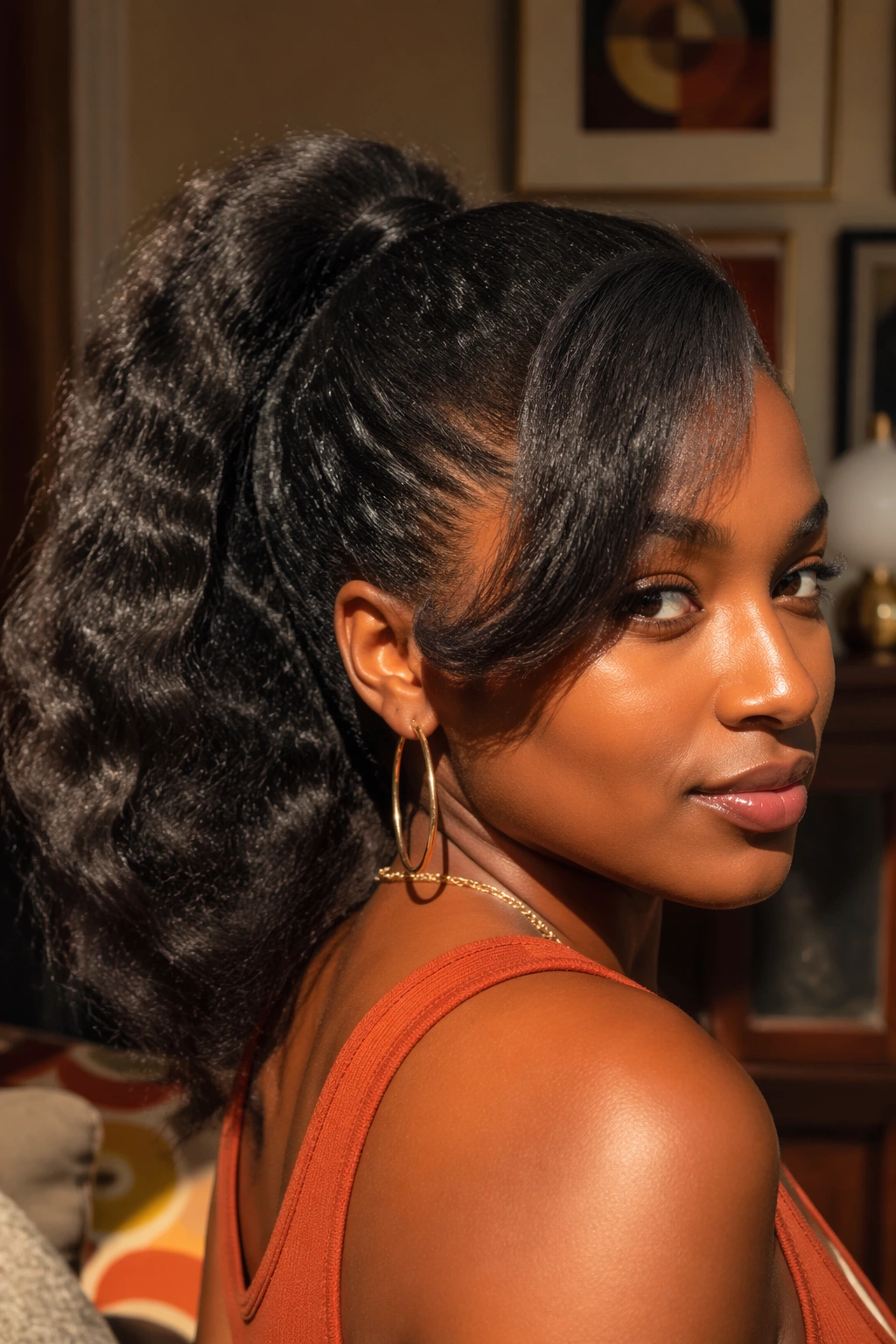 Close-up of a real woman with a crimped ponytail and soft side bang