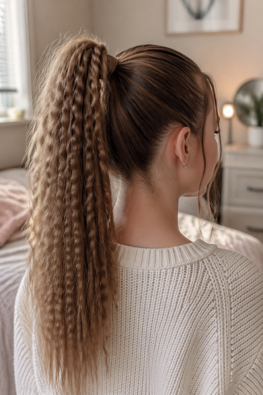 Back-of-head view of a teen girl with a crimped ponytail showing zigzag texture
