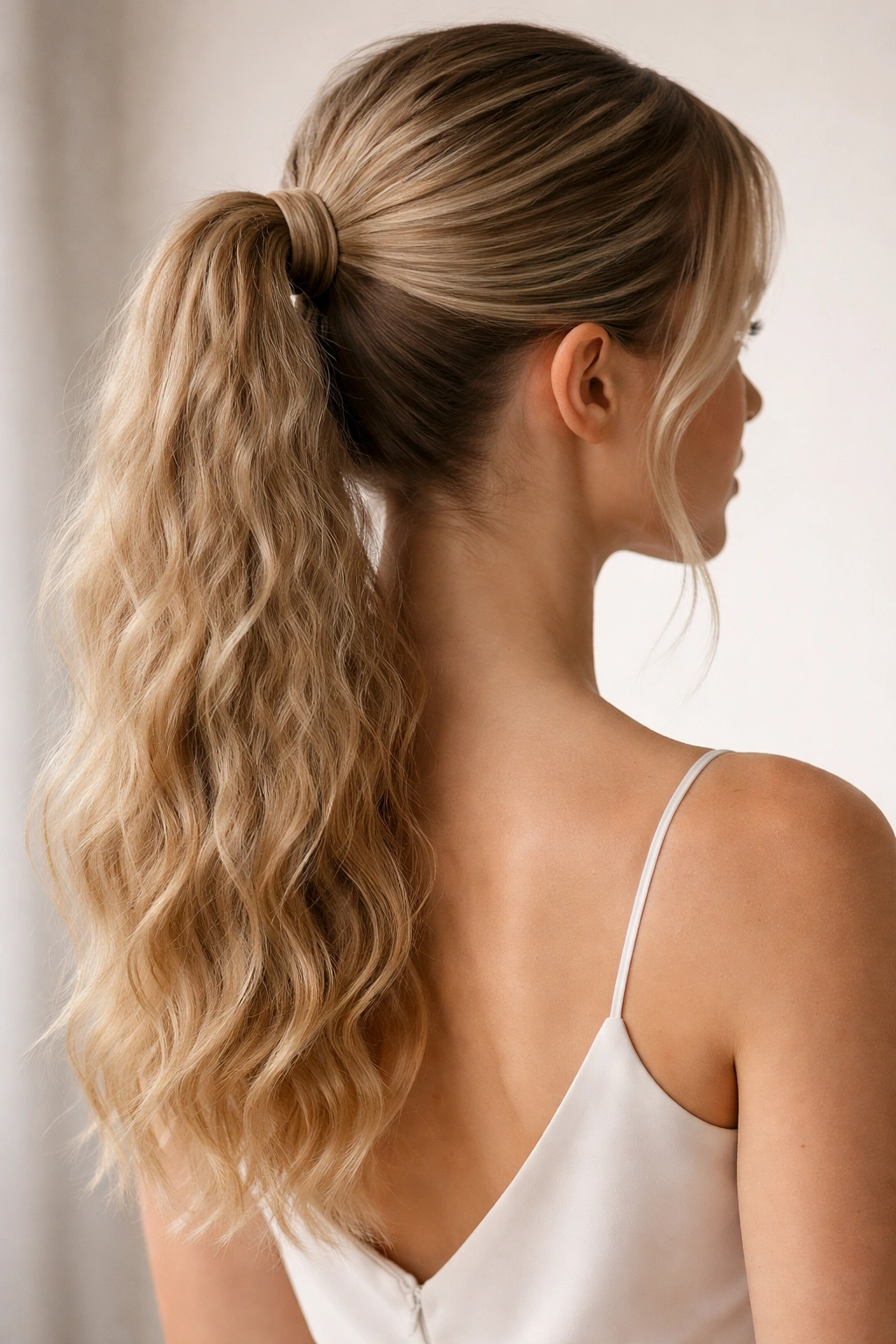 Ponytail with subtle crimped texture and smooth crown