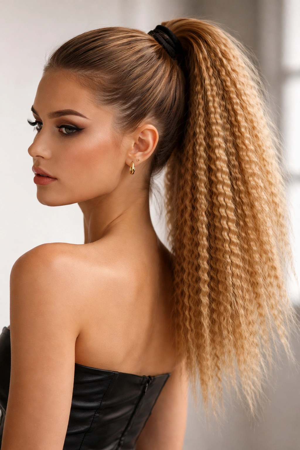 Crimped ponytail with pronounced ridges.