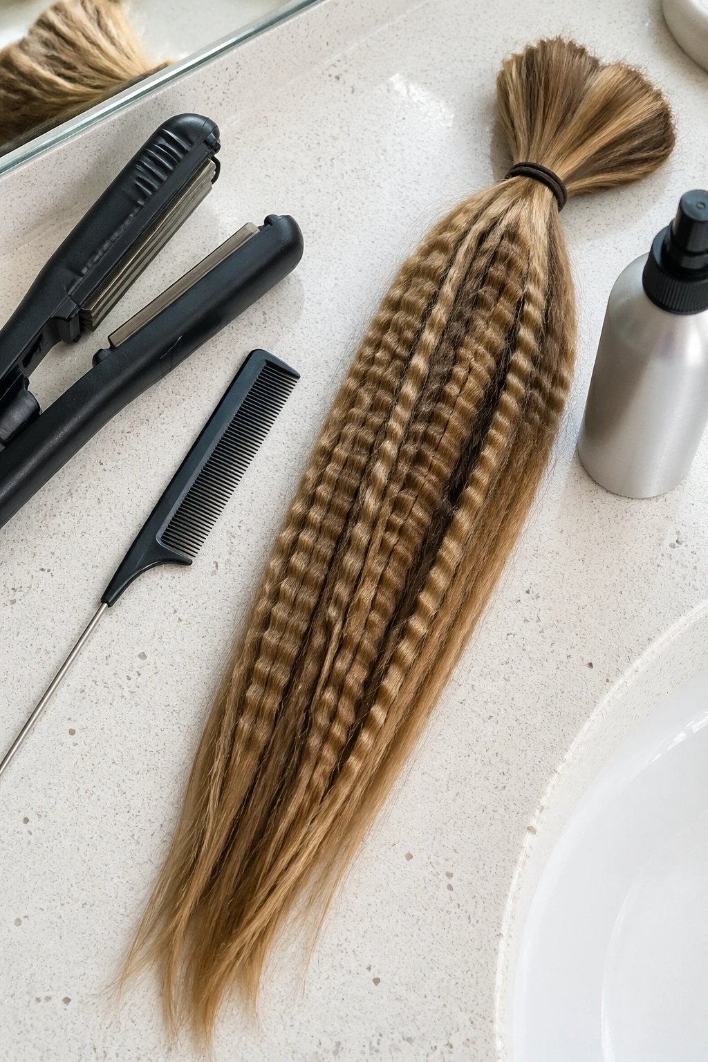 Top-down flat-lay of crimped ponytail and tools