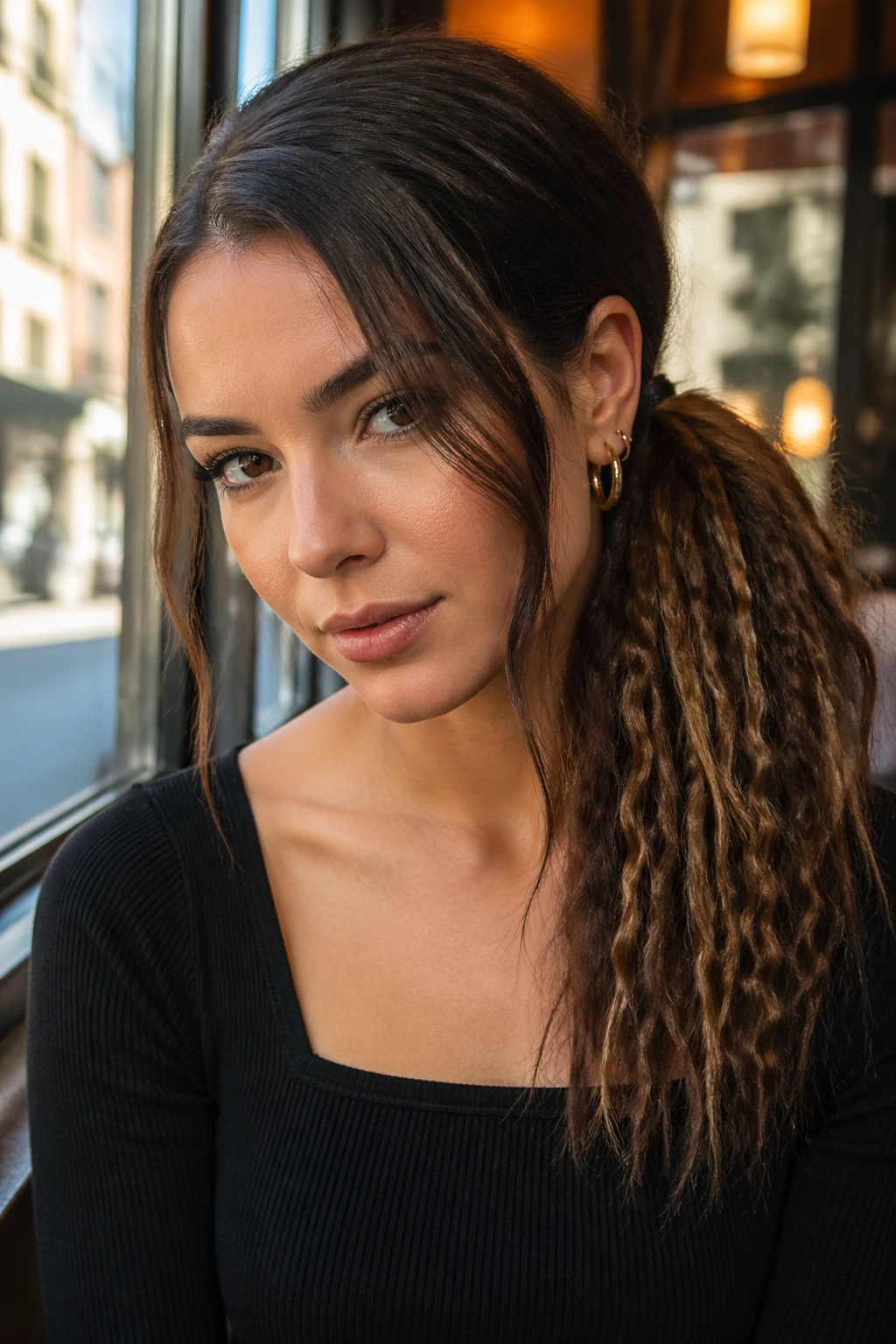 Close-up of a real woman with crimped texture side ponytail