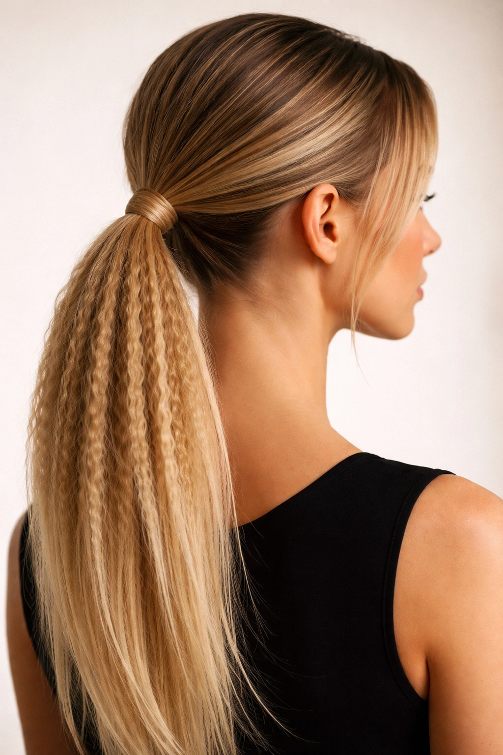 Low ponytail with crimped mid-lengths for texture and straight roots and ends.