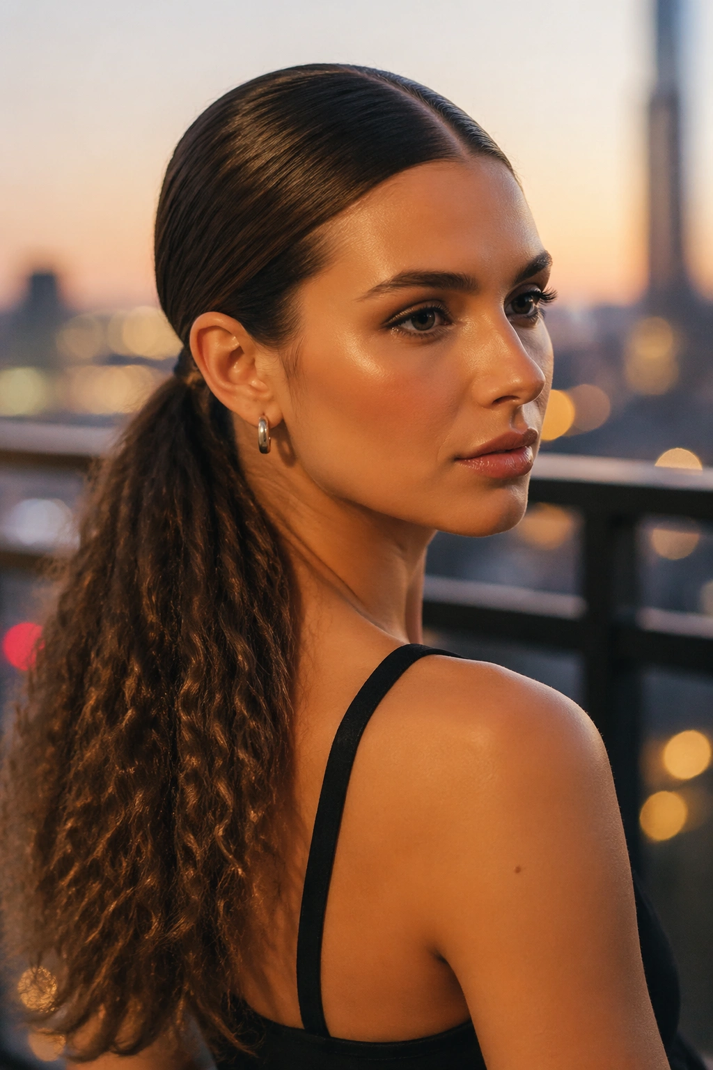 Real woman with crimped texture ponytail in an urban balcony setting