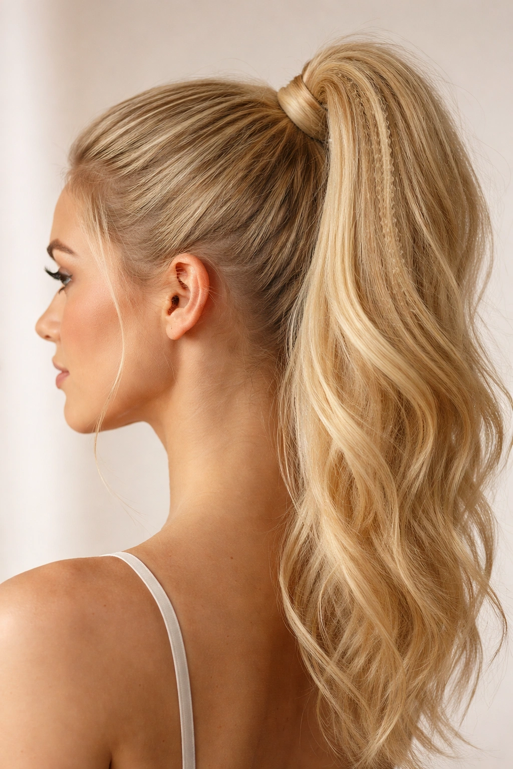 Close-up of blonde crimped texture high ponytail with fullness at crown