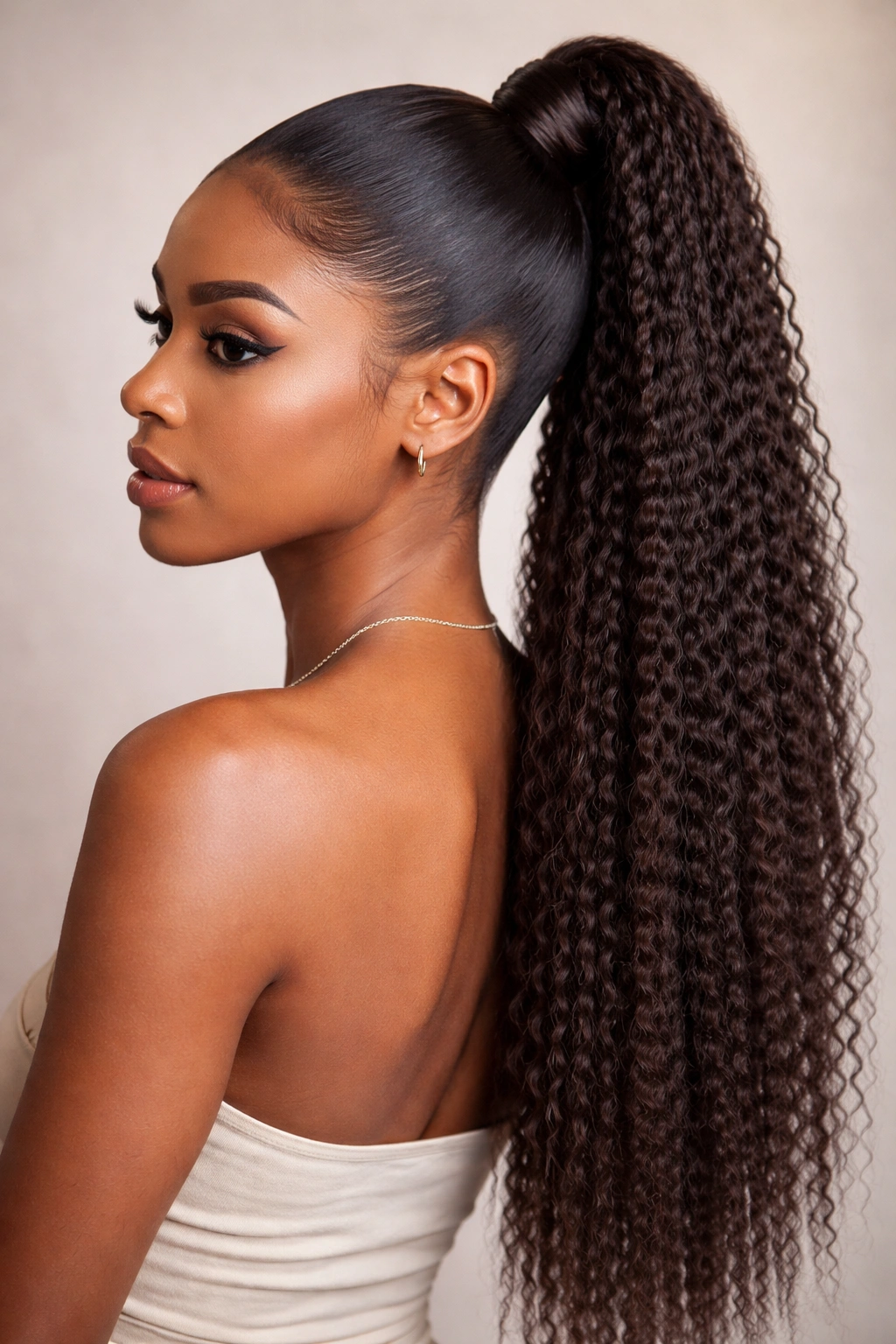 Crimped weave ponytail with textured ridges along length.