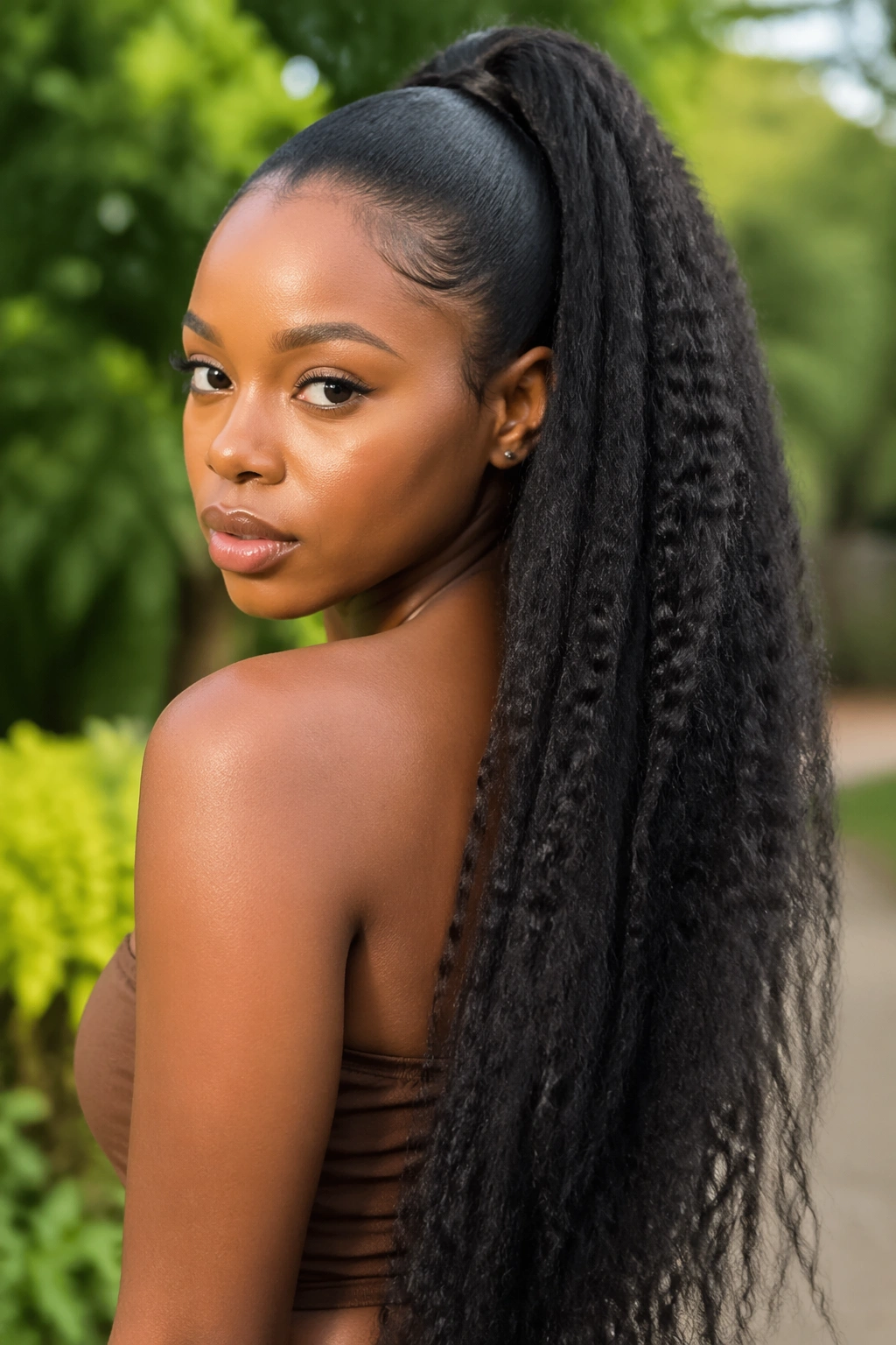 Close-up of a real woman with a crimped long weave ponytail full of texture.
