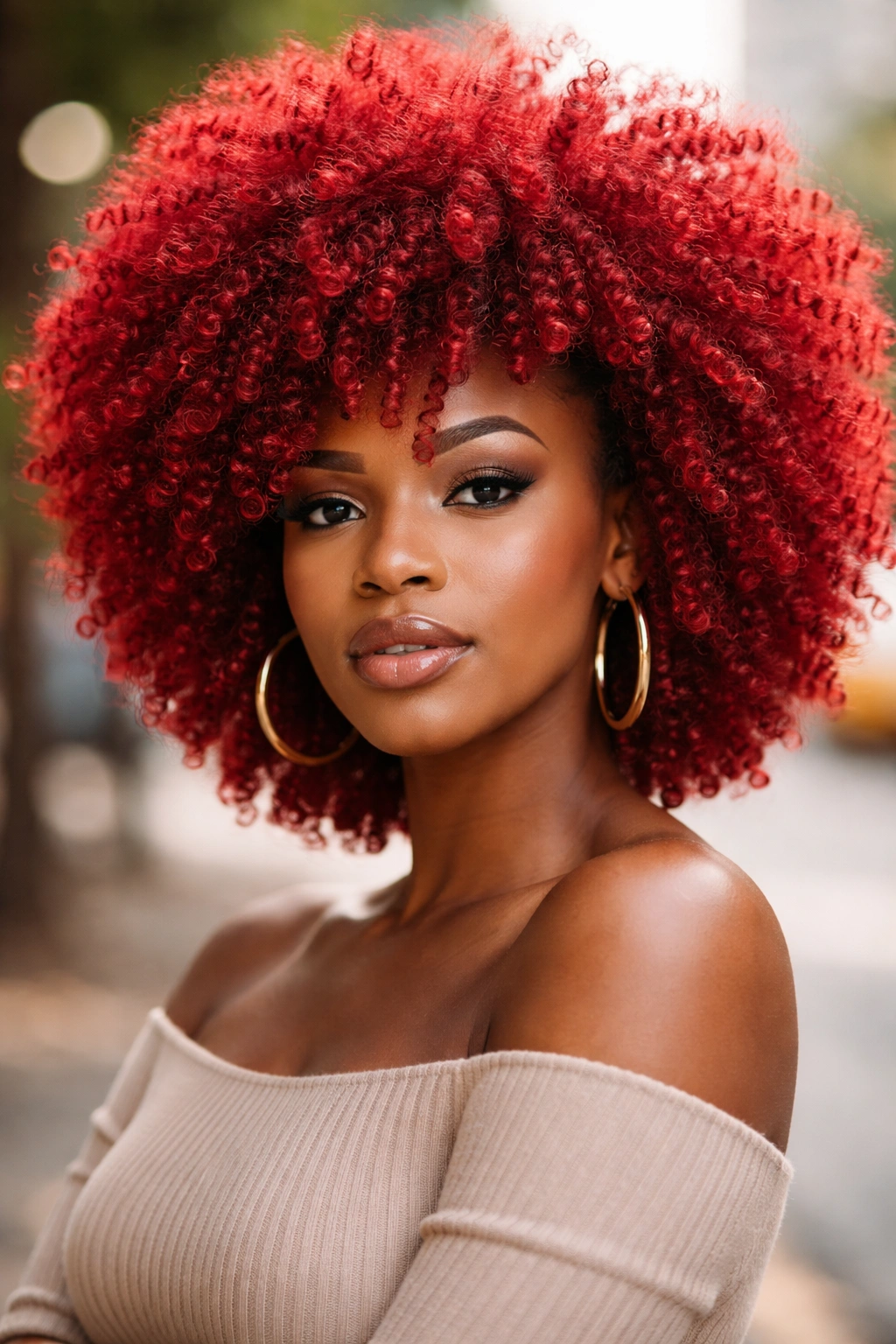 Close-up of a woman with a crimson red afro