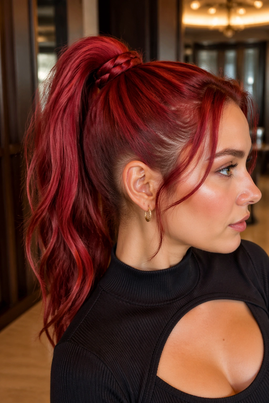 Real woman with crimson braided wrap ponytail
