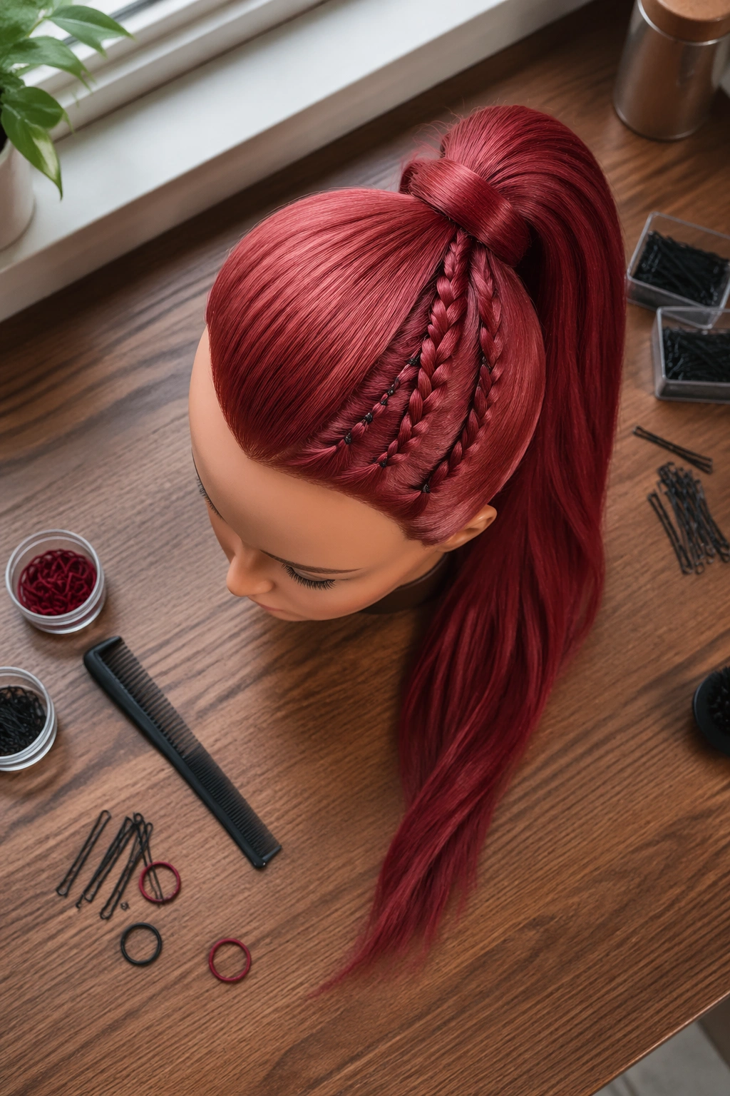 Overhead flat-lay of crimson braided swoop ponytail with styling tools.