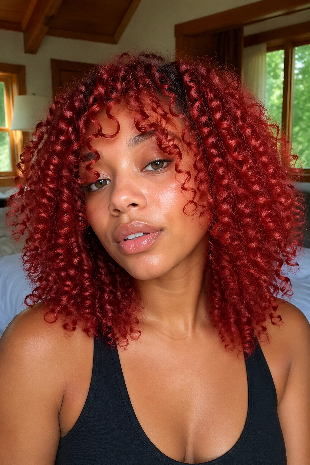Close-up of a real woman with bright crimson 3B curls catching light