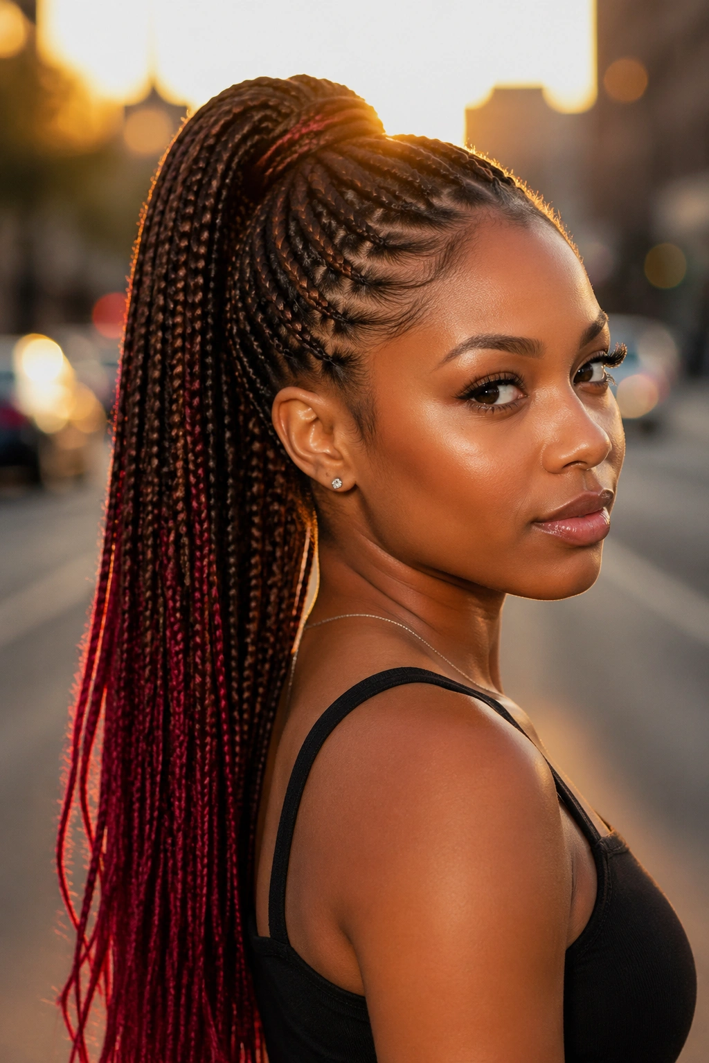 Close-up of a real woman with a high ponytail and crimson ends on box braids