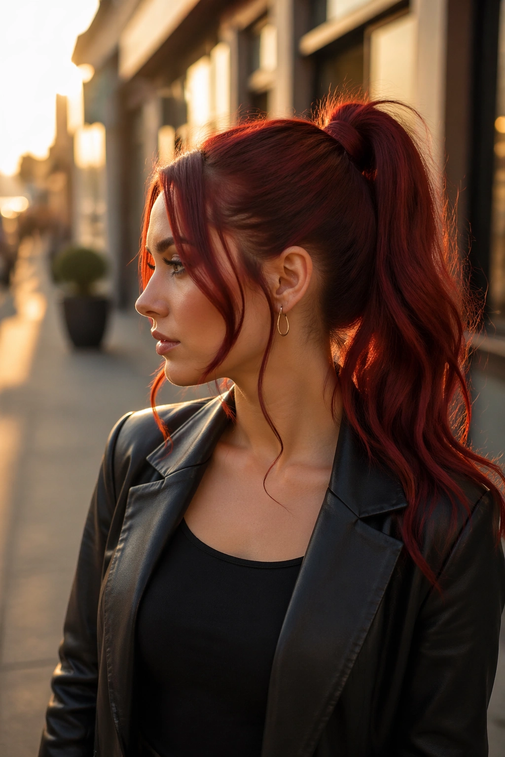 Crimson high ponytail with face-framing pieces in city light