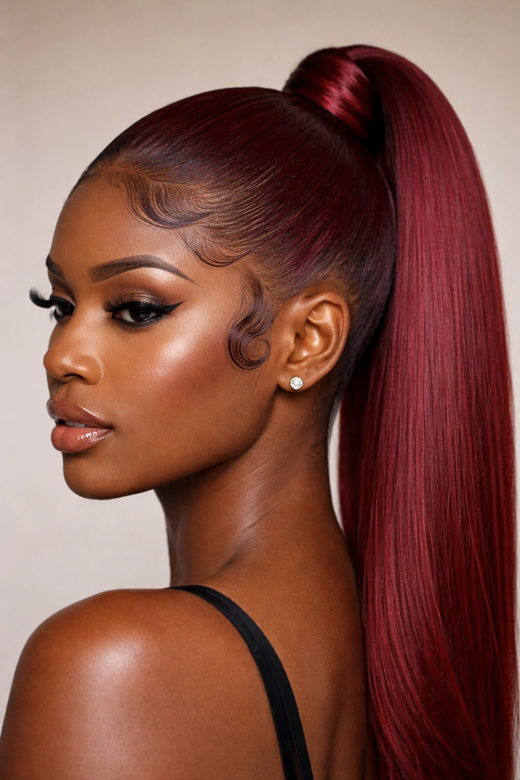 Close-up of a crimson sleek ponytail with swooped baby hairs at the hairline