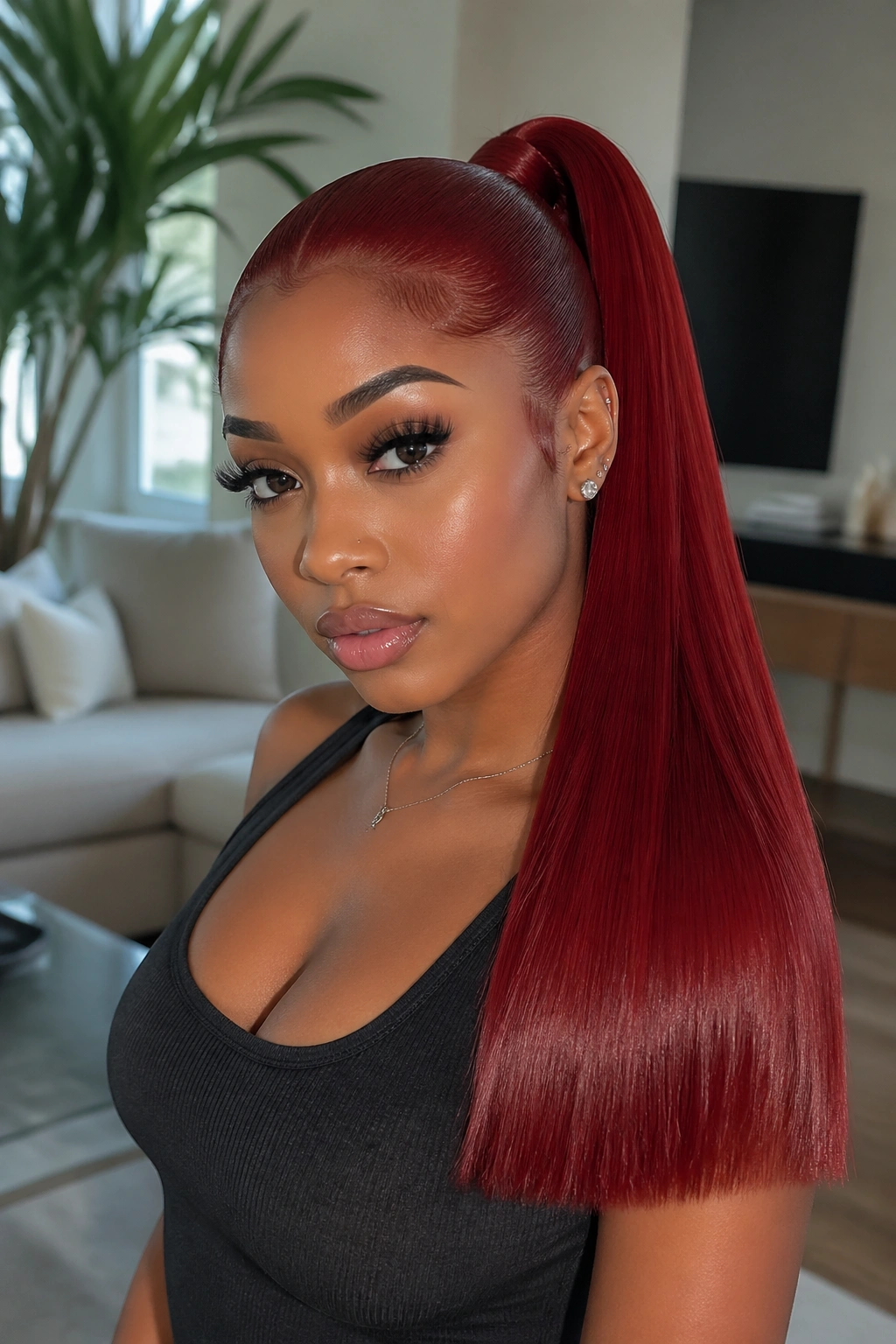 Close-up of straight crimson ponytail with blunt ends on a real woman