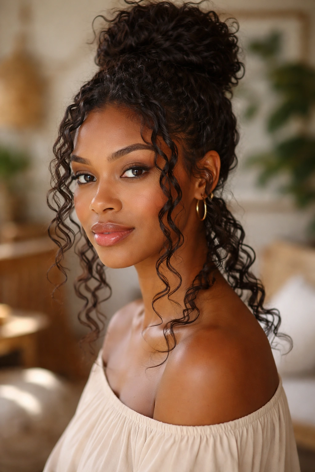 Close-up of a real woman with crinkle-set bun and loose waves hanging