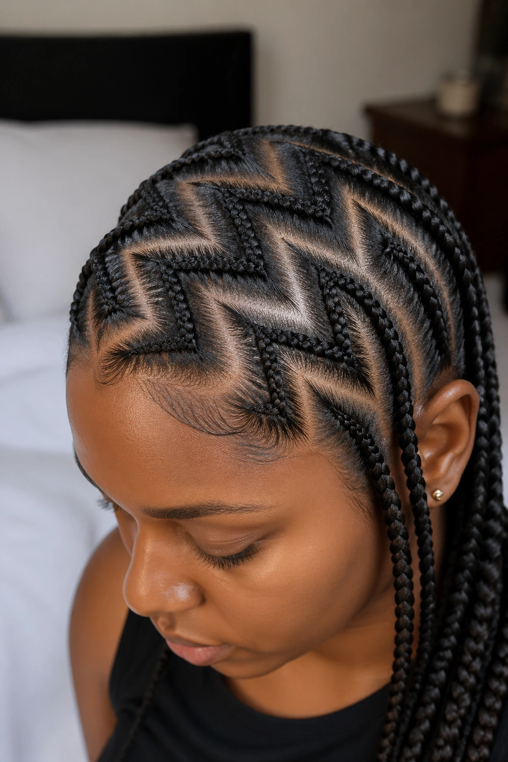 Crisp zigzag parts on a real person's scalp