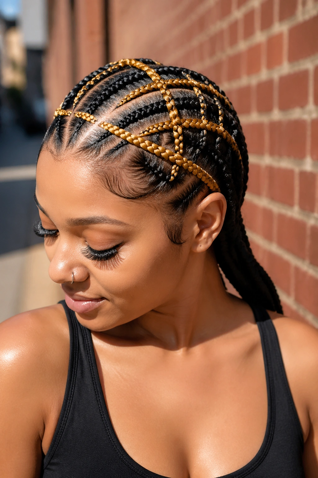 Close-up of a real woman with criss-cross braids featuring a colored accent