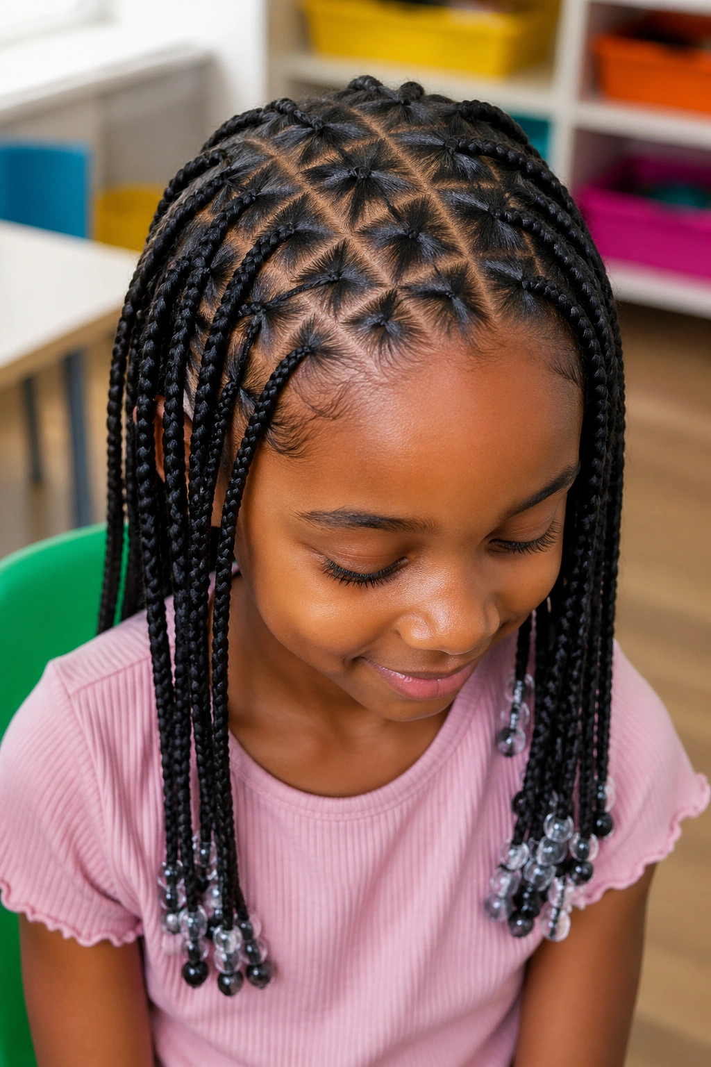 Close-up of a girl with criss-cross part box braids in a classroom corner
