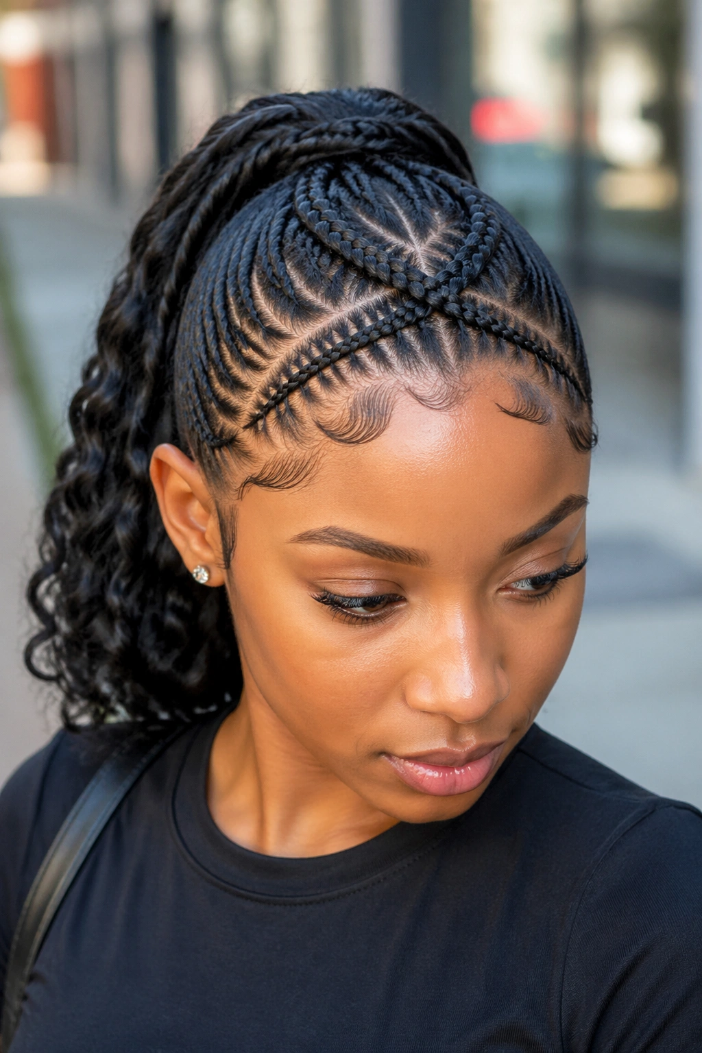 Close-up of criss-cross crown braids forming a mid ponytail on a real woman