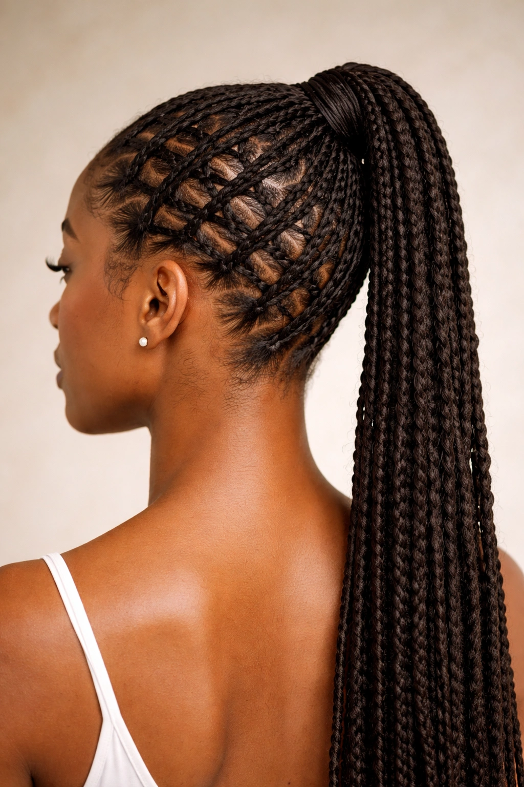 Interwoven lattice of diagonal braids forming a scalp pattern leading to a high ponytail