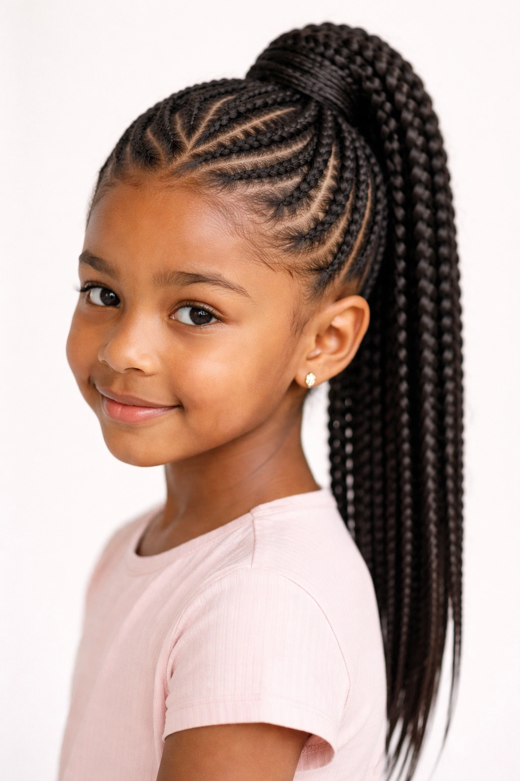 Close-up of a child with criss-cross feed-in braids into a high pony