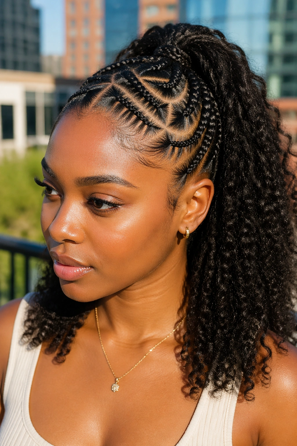 Criss-cross cornrows into half up ponytail on a real Black woman.