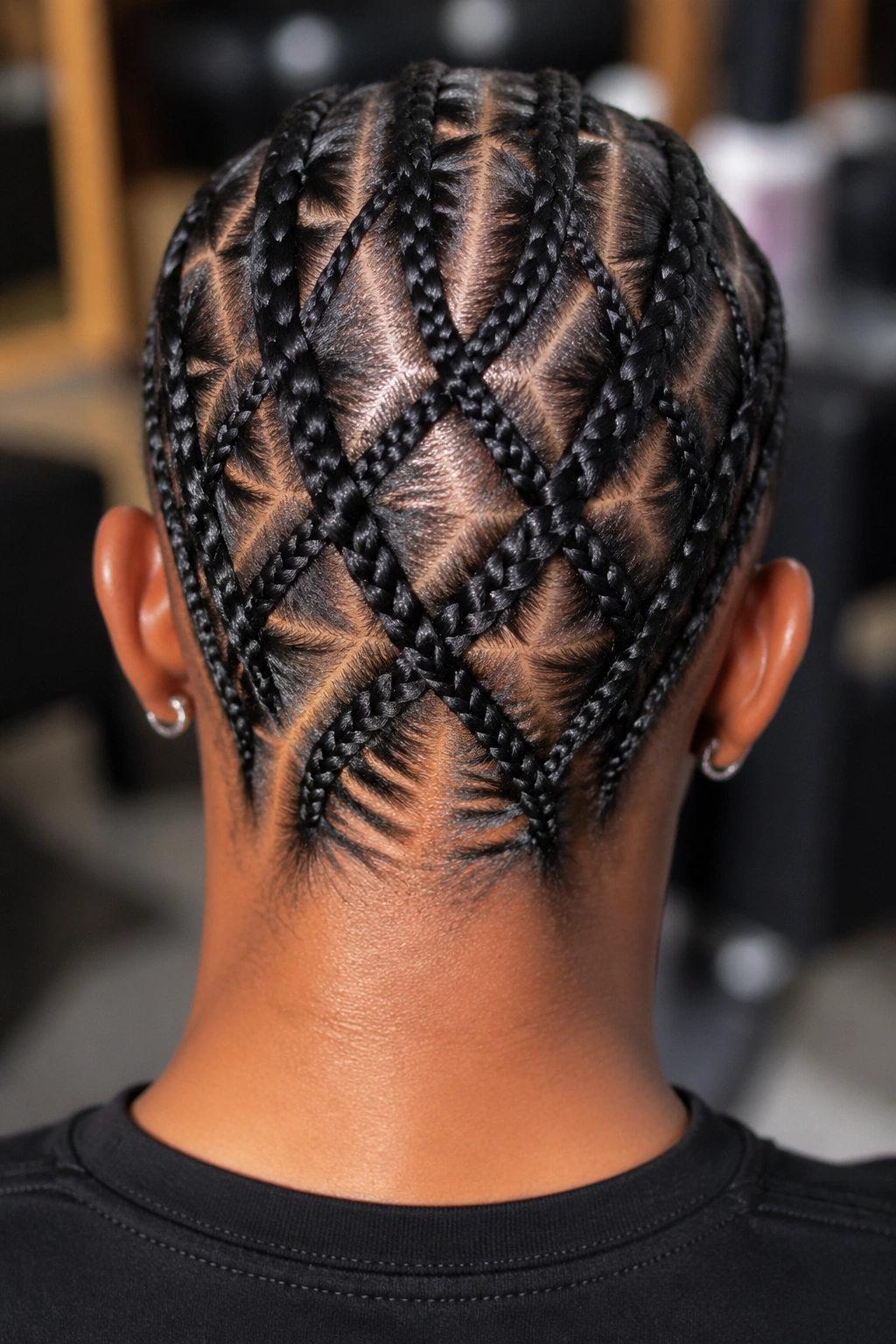 Close-up of criss-cross cornrows on a real person's scalp showing intersecting lines.
