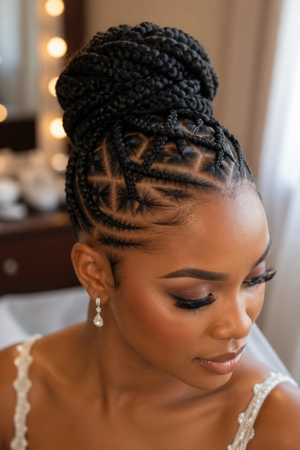 Portrait of a real woman with an elegant criss-cross crown up-do