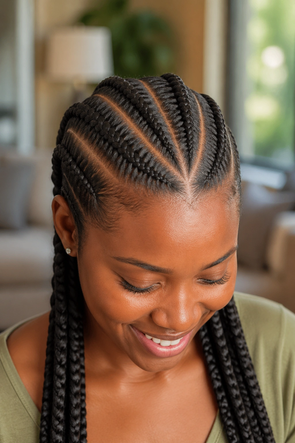 Portrait of a person with criss-cross four-braid cornrows on textured hair.
