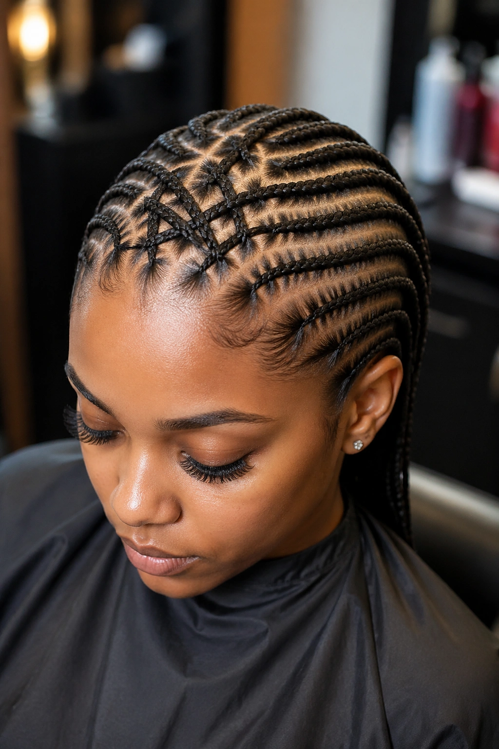 Front criss-cross hairline with straight-back braids on a real person.