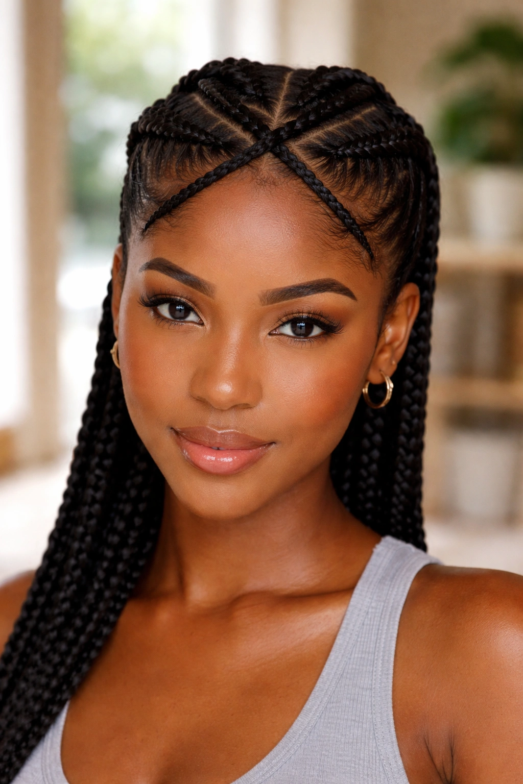 Front portrait of a real person with criss-cross front cornrows forming an X
